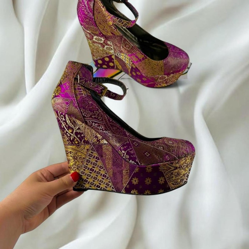 Cite purple gold floral brocade platform wedge pumps ankle strap monster high